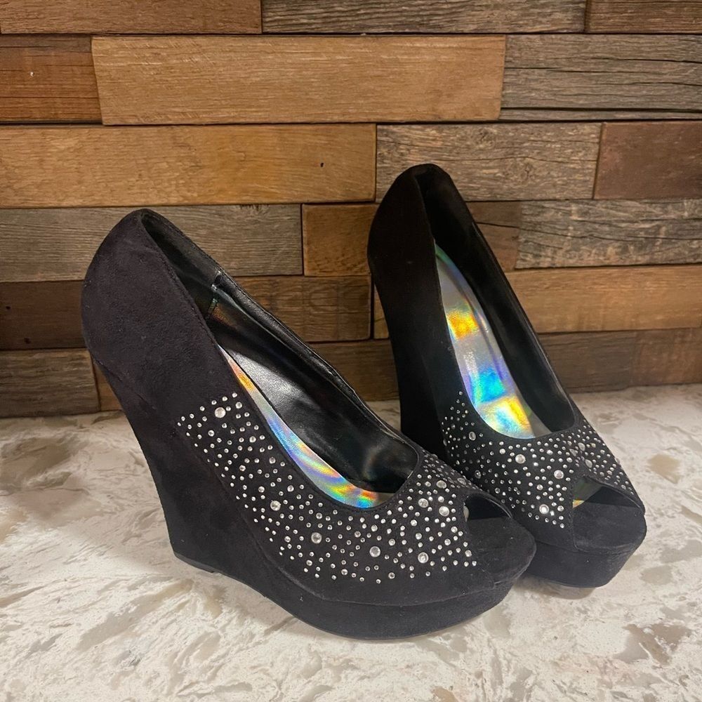 Y2K VTG D Women Black Sparkly Wedges Size 9 Rhinestone Winter Formal Prom Shoes